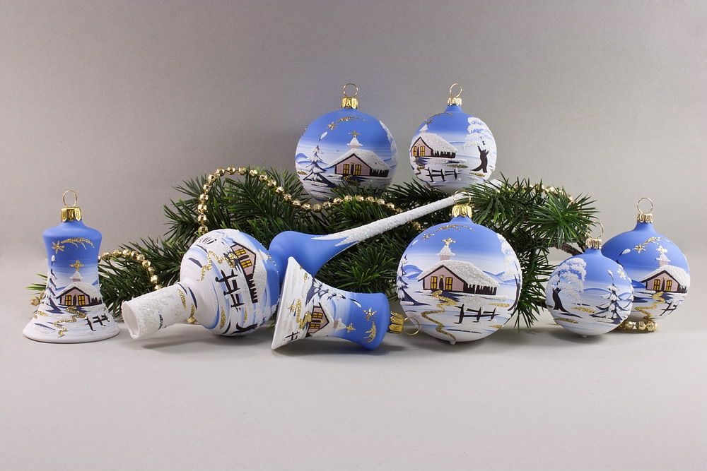 21tlg. Set Christbaumschmuck mit Winterlandschaft hellblau