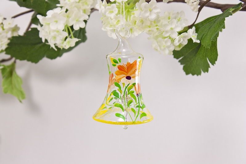 Glasglöckchen 4 cm mit Blumenmotiv in orange