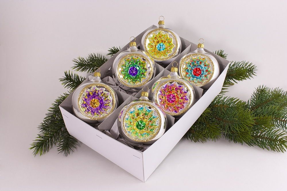 6 Reflexkugeln Ø 8cm silber bunt für Christbaumschmuck und