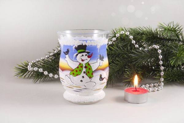 Windlichtbecher Schneemann hellblau mit Vögel